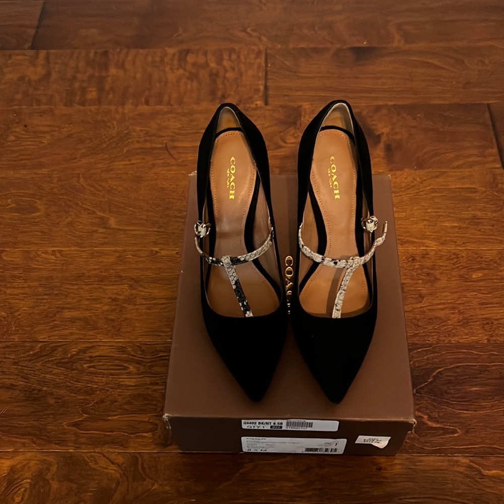 Coach Fulton Suede Natural Print Snake T Strap heels